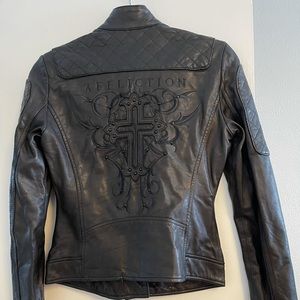 BRAND NEW LEATHER JACKET limited edition by Affliction black crystal cross!